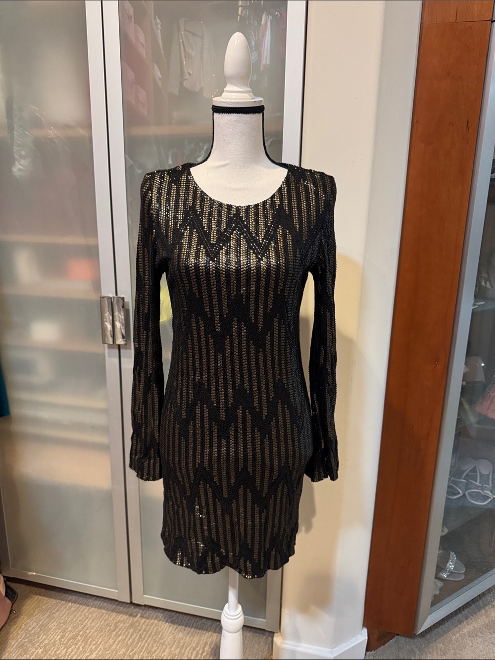 Black Metallic-Pattern Long Sleeve Cocktail Dress